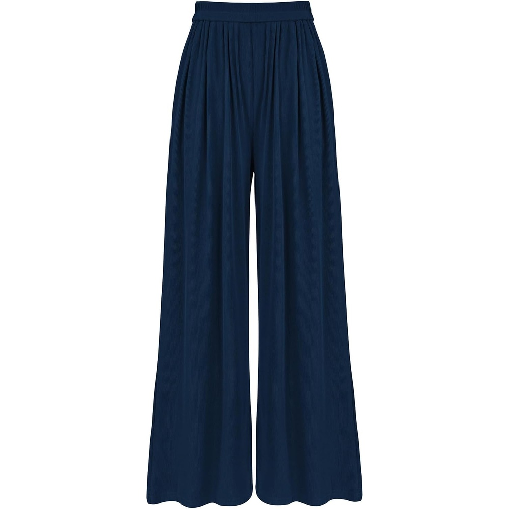 image:imageBTFBM Palazzo Pants for Women 2026 Summer Clothes Pockets High Waist Casual Ribbed Knit Flowy Spring Wide Leg TrousersNavy