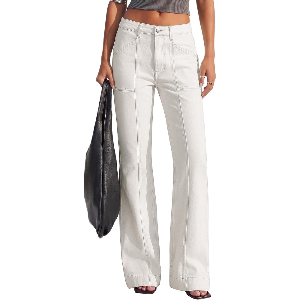 image:imageBTFBM Straight Leg Jeans for Women Stretchy Curve Appeal Pants Front Seam Little Flare Bootcut Jean High Waisted Denim Pockets Travel Airport Outfits 2026 Trendy Fall Fashion ClothingWhite