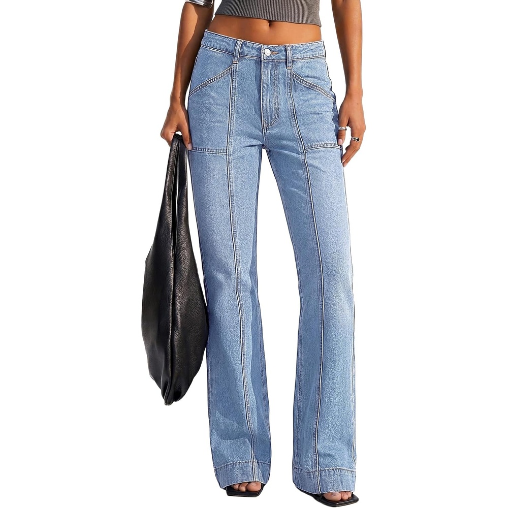 image:imageBTFBM Straight Leg Jeans for Women Stretchy Curve Appeal Pants Front Seam Little Flare Bootcut Jean High Waisted Denim Pockets Travel Airport Outfits 2026 Trendy Fall Fashion ClothingLight Blue