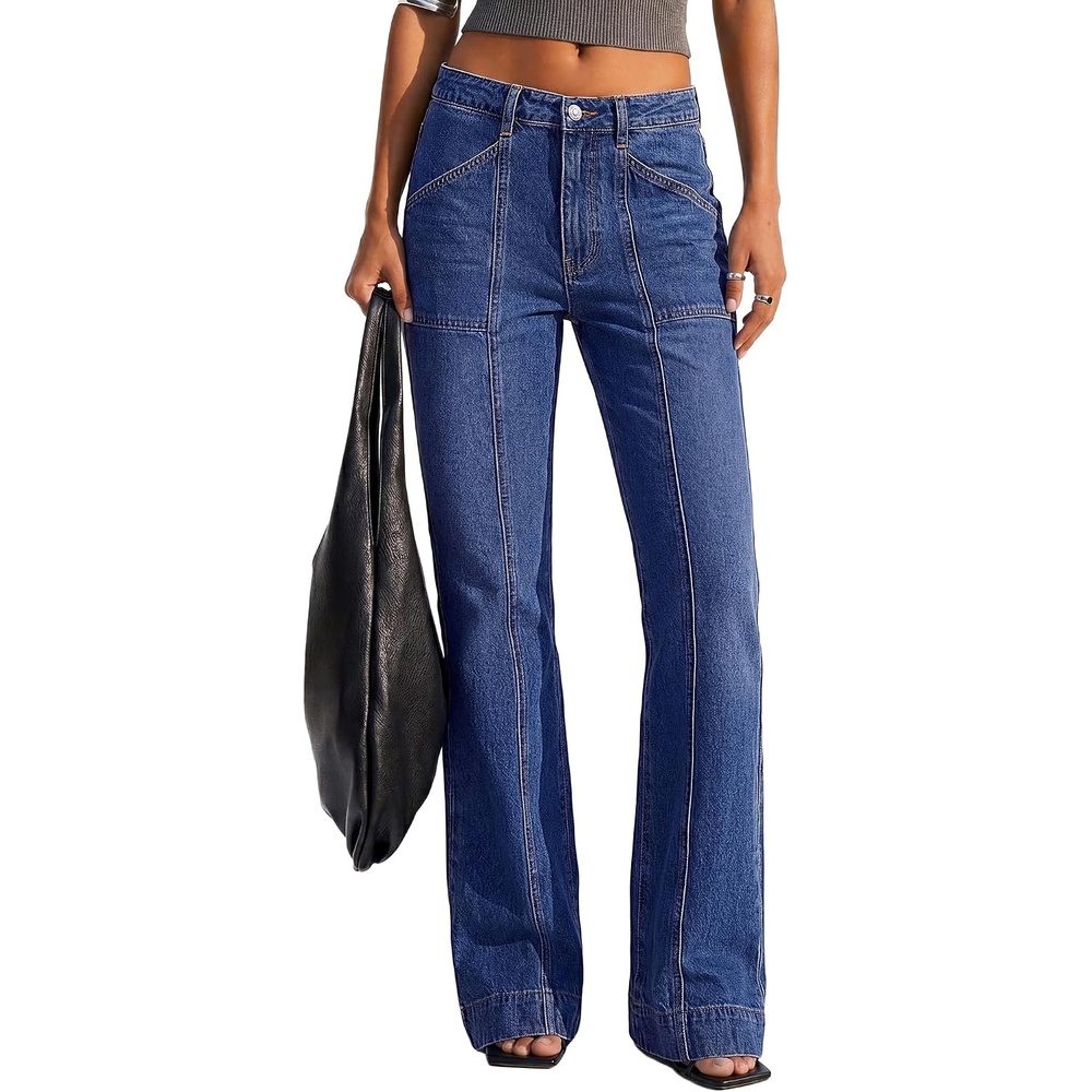 image:imageBTFBM Straight Leg Jeans for Women Stretchy Curve Appeal Pants Front Seam Little Flare Bootcut Jean High Waisted Denim Pockets Travel Airport Outfits 2026 Trendy Fall Fashion ClothingDark Blue