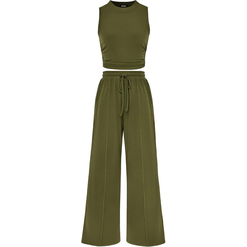 image:imageBTFBM Summer Outfits For Women 2026 Ribbed Sleeveless Tank Tops Wide Leg Pants 2 Piece Sets Lounge Set ClothingArmy Green