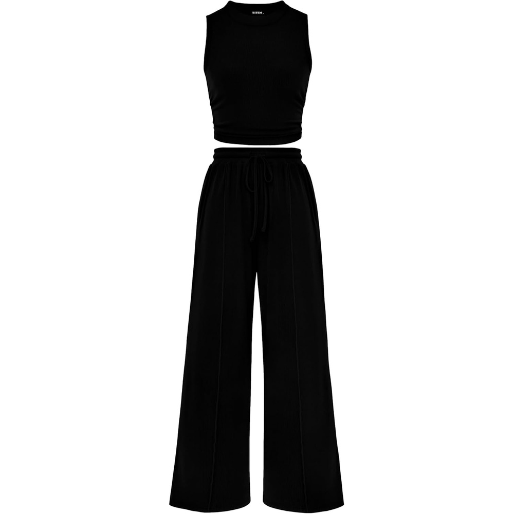 image:imageBTFBM Summer Outfits For Women 2026 Ribbed Sleeveless Tank Tops Wide Leg Pants 2 Piece Sets Lounge Set ClothingBlack