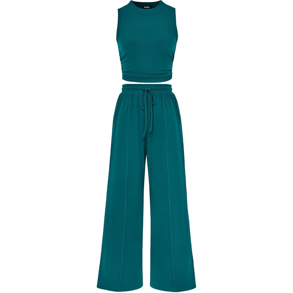 image:imageBTFBM Summer Outfits For Women 2026 Ribbed Sleeveless Tank Tops Wide Leg Pants 2 Piece Sets Lounge Set ClothingBlue Green