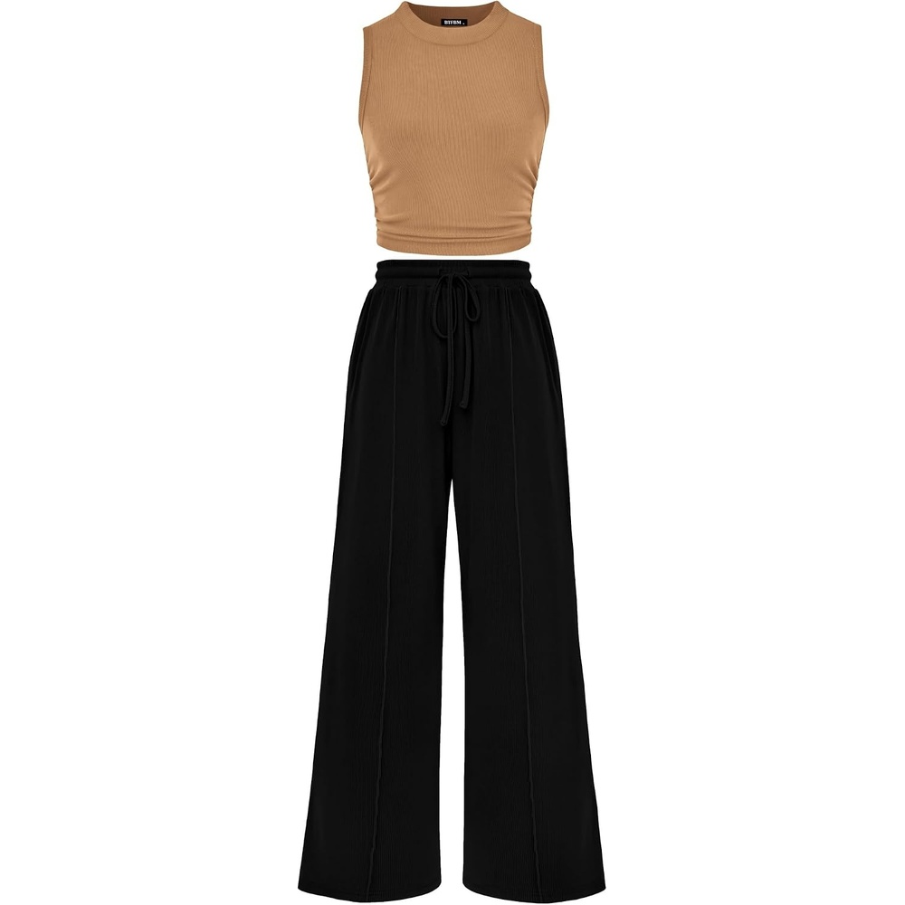 image:imageBTFBM Summer Outfits For Women 2026 Ribbed Sleeveless Tank Tops Wide Leg Pants 2 Piece Sets Lounge Set ClothingCamel Black