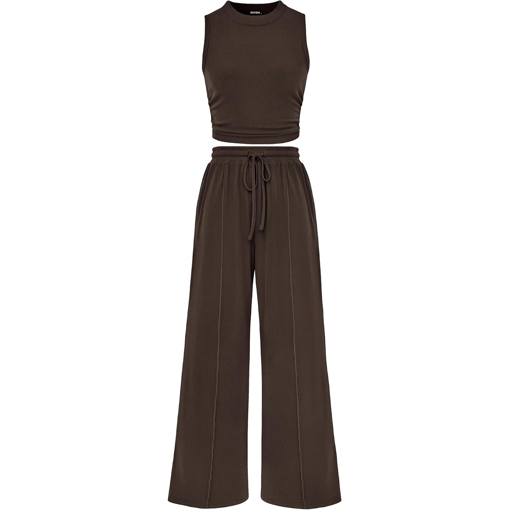 image:imageBTFBM Summer Outfits For Women 2026 Ribbed Sleeveless Tank Tops Wide Leg Pants 2 Piece Sets Lounge Set ClothingCoffee