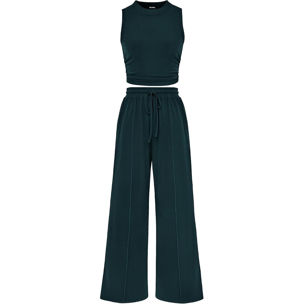 image:imageBTFBM Summer Outfits For Women 2026 Ribbed Sleeveless Tank Tops Wide Leg Pants 2 Piece Sets Lounge Set ClothingDeep Green