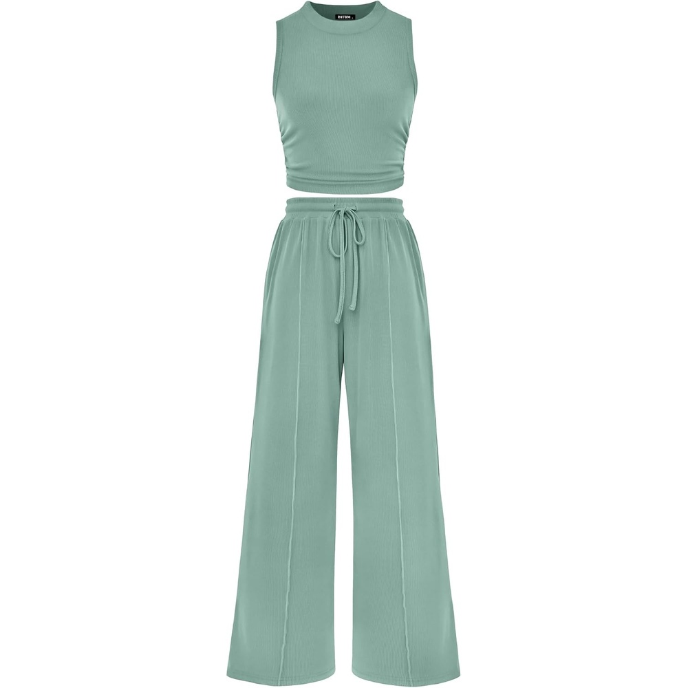image:imageBTFBM Summer Outfits For Women 2026 Ribbed Sleeveless Tank Tops Wide Leg Pants 2 Piece Sets Lounge Set ClothingFruit Green