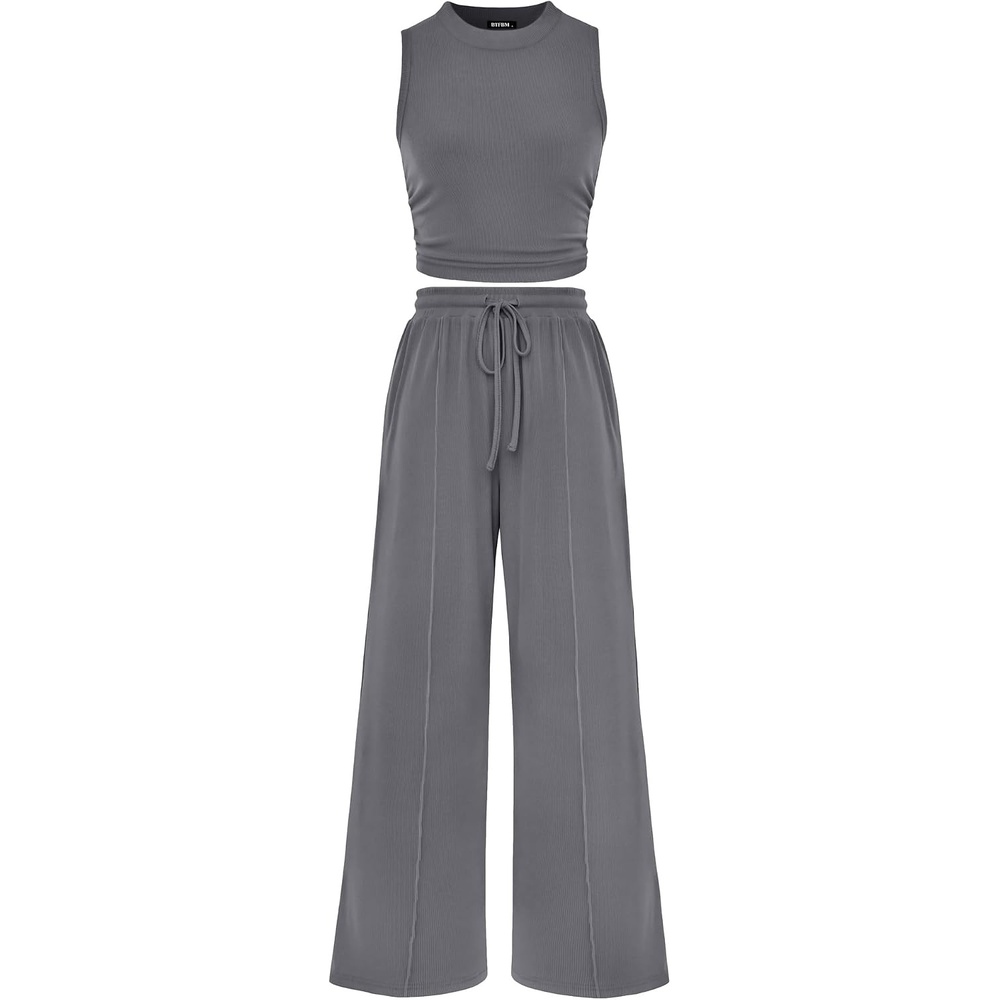 image:imageBTFBM Summer Outfits For Women 2026 Ribbed Sleeveless Tank Tops Wide Leg Pants 2 Piece Sets Lounge Set ClothingGrey