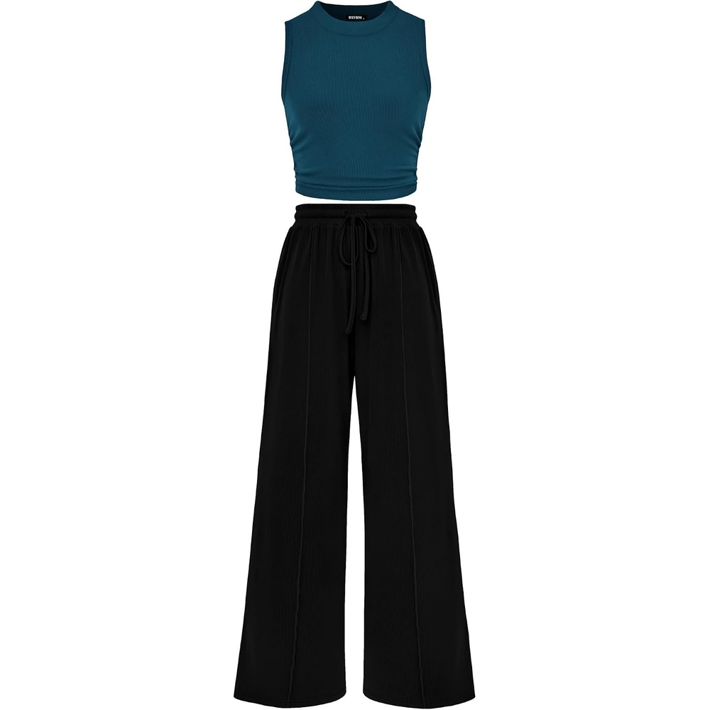 image:imageBTFBM Summer Outfits For Women 2026 Ribbed Sleeveless Tank Tops Wide Leg Pants 2 Piece Sets Lounge Set ClothingLake Blue Black
