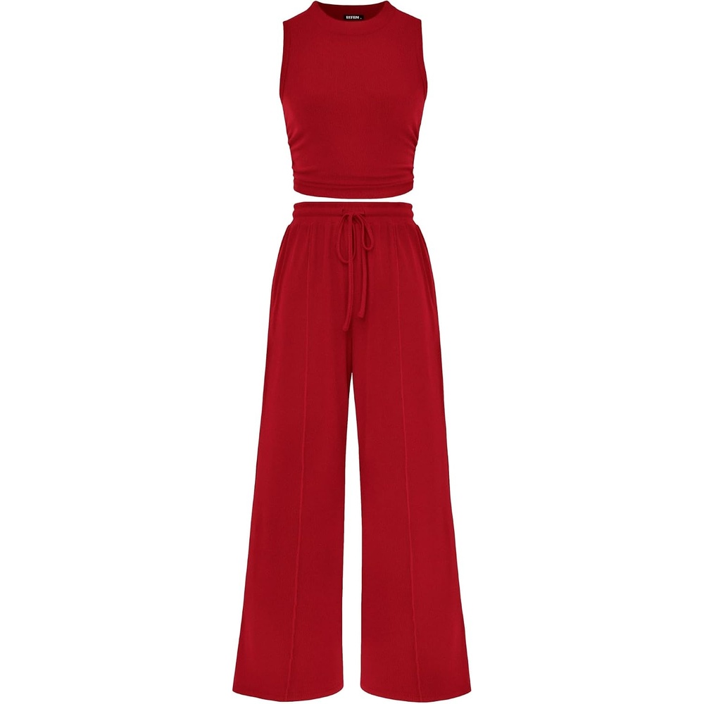 image:imageBTFBM Summer Outfits For Women 2026 Ribbed Sleeveless Tank Tops Wide Leg Pants 2 Piece Sets Lounge Set ClothingRed