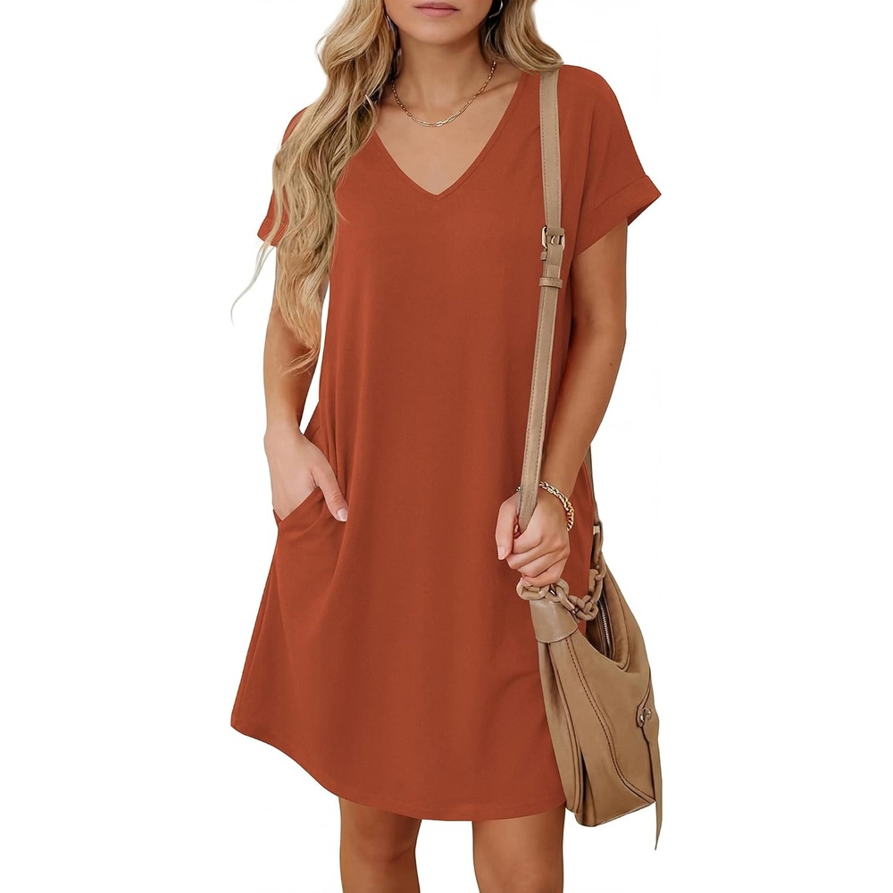 image:imageBTFBM Womens Summer Dresses 2026 Pockets Short Sleeve Loose Nightgowns Pajama Beach Vacation Casual Spring T Shirt DressBrick Red