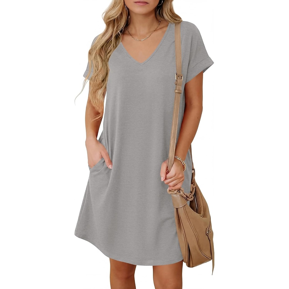 image:imageBTFBM Womens Summer Dresses 2026 Pockets Short Sleeve Loose Nightgowns Pajama Beach Vacation Casual Spring T Shirt DressGrey