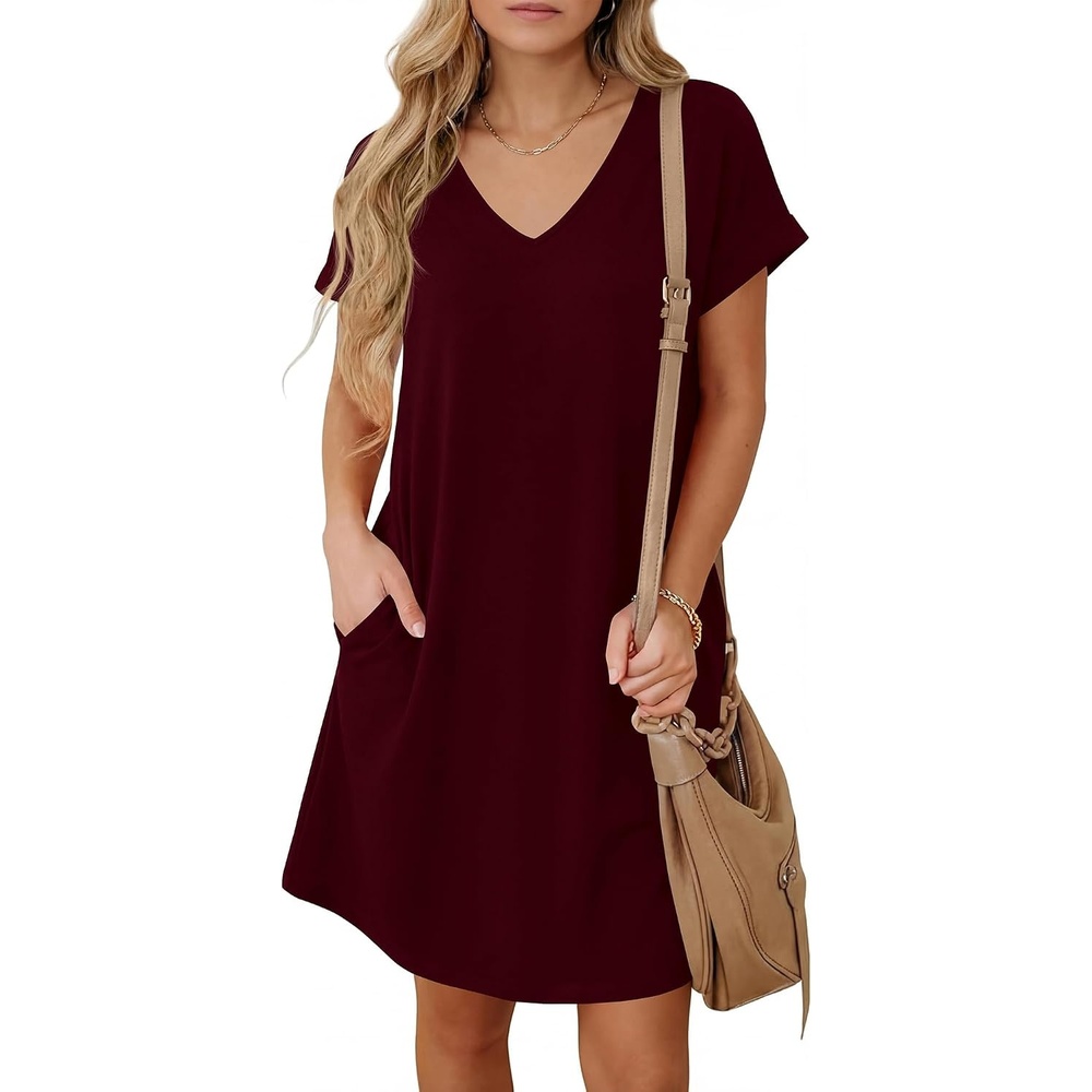 image:imageBTFBM Womens Summer Dresses 2026 Pockets Short Sleeve Loose Nightgowns Pajama Beach Vacation Casual Spring T Shirt DressWine Red