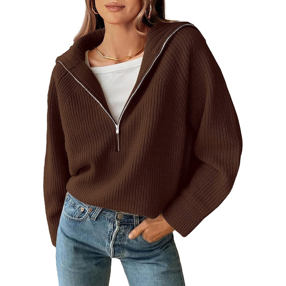 image:imageBTFBM Womens Sweaters Quarter Zip Pullover V Neck Collar Long Sleeve Ribbed Knit Loose Casual 2026 Winter Fall SweaterBrown