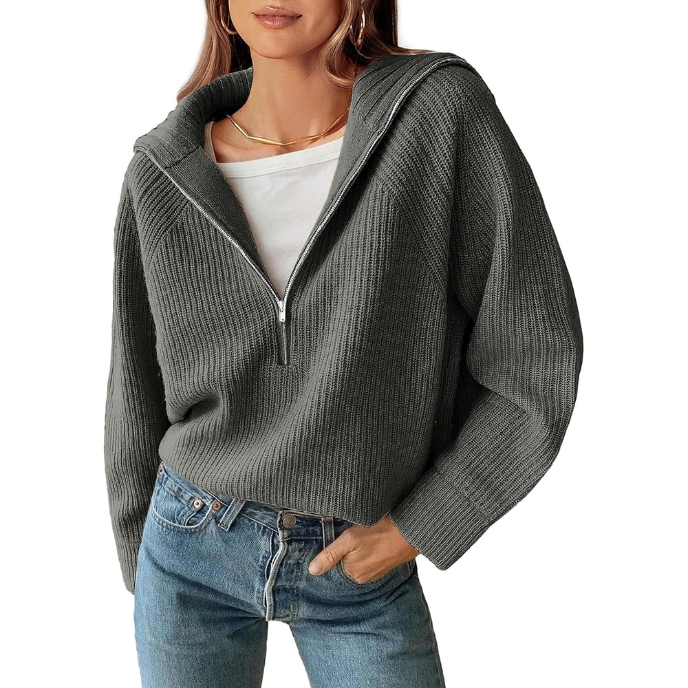 image:imageBTFBM Womens Sweaters Quarter Zip Pullover V Neck Collar Long Sleeve Ribbed Knit Loose Casual 2026 Winter Fall SweaterDark Grey