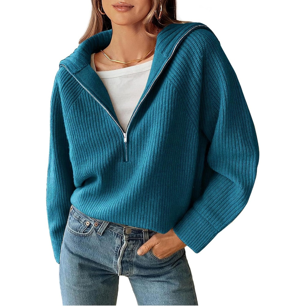 image:imageBTFBM Womens Sweaters Quarter Zip Pullover V Neck Collar Long Sleeve Ribbed Knit Loose Casual 2026 Winter Fall SweaterGrey Blue