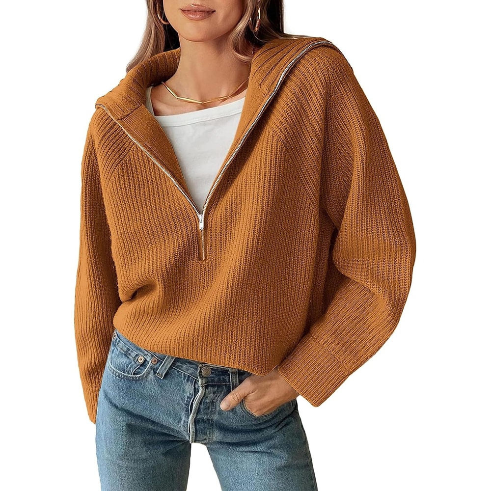 image:imageBTFBM Womens Sweaters Quarter Zip Pullover V Neck Collar Long Sleeve Ribbed Knit Loose Casual 2026 Winter Fall SweaterKhaki