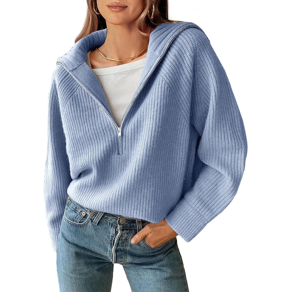image:imageBTFBM Womens Sweaters Quarter Zip Pullover V Neck Collar Long Sleeve Ribbed Knit Loose Casual 2026 Winter Fall SweaterLight Blue