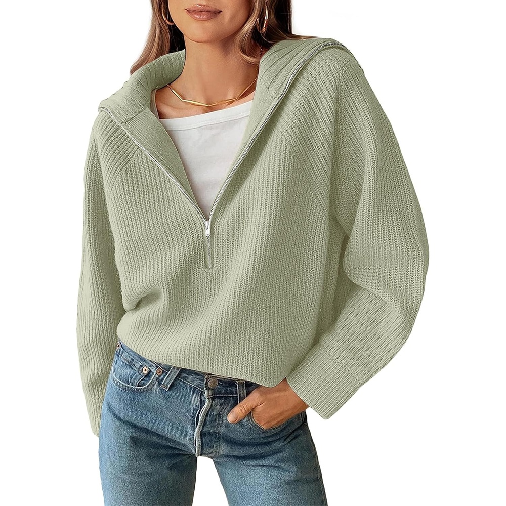 image:imageBTFBM Womens Sweaters Quarter Zip Pullover V Neck Collar Long Sleeve Ribbed Knit Loose Casual 2026 Winter Fall SweaterLight Green