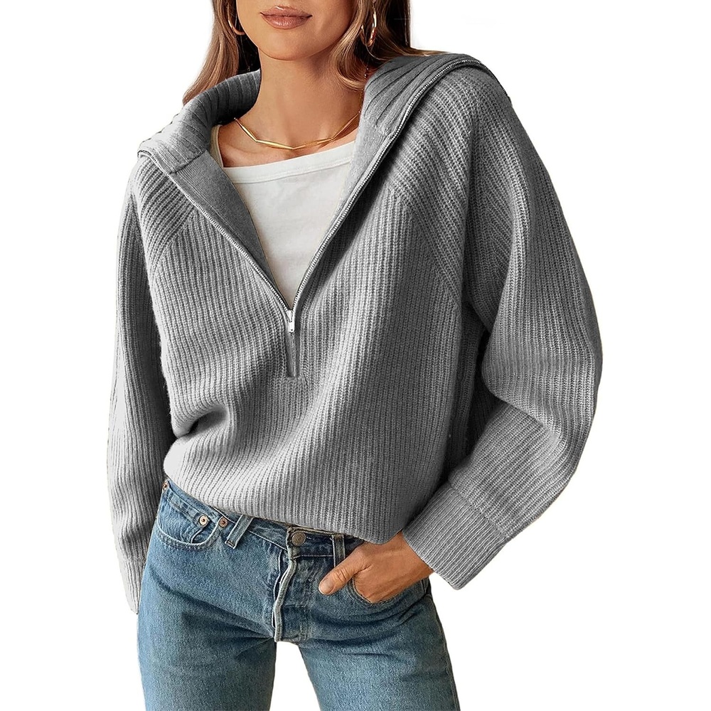 image:imageBTFBM Womens Sweaters Quarter Zip Pullover V Neck Collar Long Sleeve Ribbed Knit Loose Casual 2026 Winter Fall SweaterLight Grey