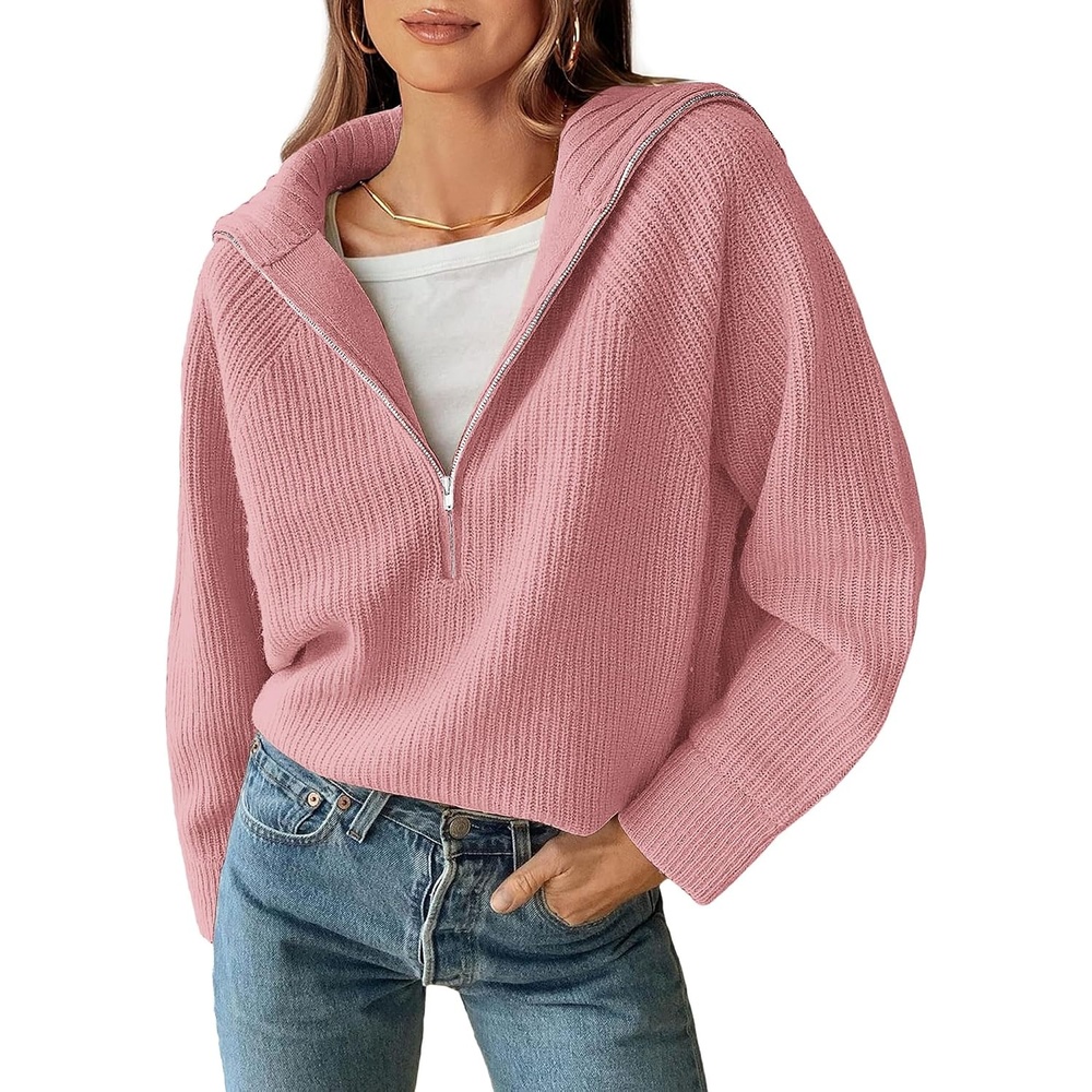 image:imageBTFBM Womens Sweaters Quarter Zip Pullover V Neck Collar Long Sleeve Ribbed Knit Loose Casual 2026 Winter Fall SweaterPink