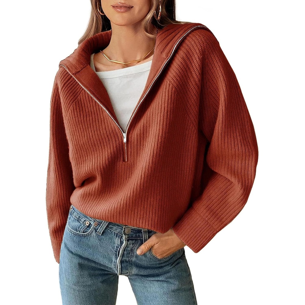 image:imageBTFBM Womens Sweaters Quarter Zip Pullover V Neck Collar Long Sleeve Ribbed Knit Loose Casual 2026 Winter Fall SweaterRust Red