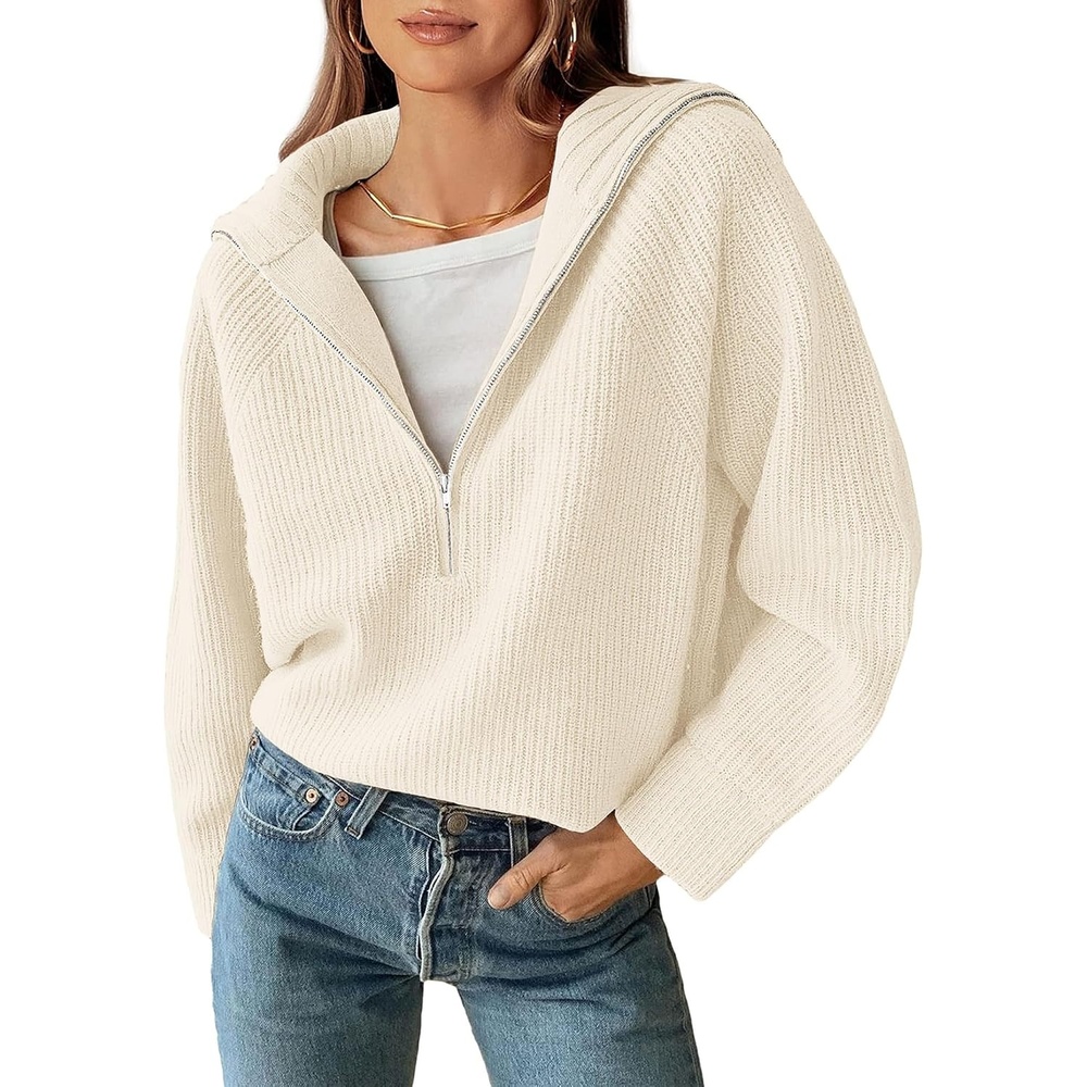 image:imageBTFBM Womens Sweaters Quarter Zip Pullover V Neck Collar Long Sleeve Ribbed Knit Loose Casual 2026 Winter Fall SweaterWhite
