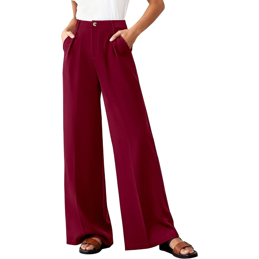 image:imageBTFBM Womens Wide Leg Palazzo Pants Button High Waisted with Pockets Casual Work Summer Outfits Trendy Business 2026Burgundy