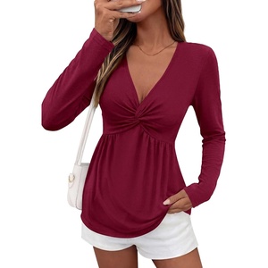 BTFBM Babydoll Tops for Women 2026 Fall Fashion Twist Front V Neck Flowy Long Sleeve Blouses Dressy Casual Peplum Tops(Burgundy)