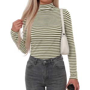 BTFBM Long Sleeve Shirts for Women Turtleneck Striped Shirt Lightweight Basic Thermal Underwear Tops 2026 Fall Fashion(Army Green White)