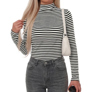 BTFBM Long Sleeve Shirts for Women Turtleneck Striped Shirt Lightweight Basic Thermal Underwear Tops 2026 Fall Fashion(Black White)