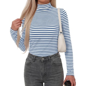 BTFBM Long Sleeve Shirts for Women Turtleneck Striped Shirt Lightweight Basic Thermal Underwear Tops 2026 Fall Fashion(Light Blue White)