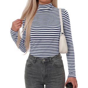 BTFBM Long Sleeve Shirts for Women Turtleneck Striped Shirt Lightweight Basic Thermal Underwear Tops 2026 Fall Fashion(Navy Blue White)