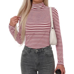 BTFBM Long Sleeve Shirts for Women Turtleneck Striped Shirt Lightweight Basic Thermal Underwear Tops 2026 Fall Fashion(Wine Red White)