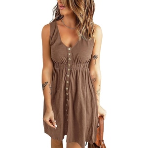 BTFBM Summer Dresses for Women 2026 Spring Clothes Sleeveless Crewneck Beach Vacation Outfits Mini Flowy Sun Dress(Buttons Dark Khaki)