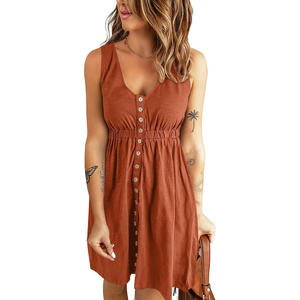 BTFBM Summer Dresses for Women 2026 Spring Clothes Sleeveless Crewneck Beach Vacation Outfits Mini Flowy Sun Dress(Buttons Orange Red)