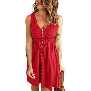 BTFBM Summer Dresses for Women 2026 Spring Clothes Sleeveless Crewneck Beach Vacation Outfits Mini Flowy Sun Dress(Buttons Red)