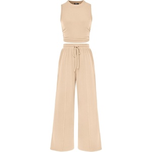 BTFBM Summer Outfits For Women 2026 Ribbed Sleeveless Tank Tops Wide Leg Pants 2 Piece Sets Lounge Set Clothing(Apricot)