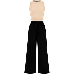 BTFBM Summer Outfits For Women 2026 Ribbed Sleeveless Tank Tops Wide Leg Pants 2 Piece Sets Lounge Set Clothing(Apricot Black)