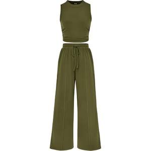 BTFBM Summer Outfits For Women 2026 Ribbed Sleeveless Tank Tops Wide Leg Pants 2 Piece Sets Lounge Set Clothing(Army Green)
