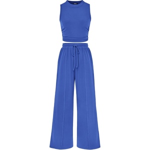 BTFBM Summer Outfits For Women 2026 Ribbed Sleeveless Tank Tops Wide Leg Pants 2 Piece Sets Lounge Set Clothing(Blue)