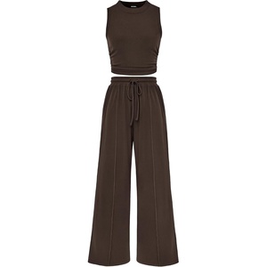 BTFBM Summer Outfits For Women 2026 Ribbed Sleeveless Tank Tops Wide Leg Pants 2 Piece Sets Lounge Set Clothing(Coffee)