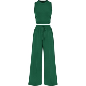BTFBM Summer Outfits For Women 2026 Ribbed Sleeveless Tank Tops Wide Leg Pants 2 Piece Sets Lounge Set Clothing(Green)