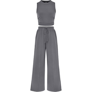 BTFBM Summer Outfits For Women 2026 Ribbed Sleeveless Tank Tops Wide Leg Pants 2 Piece Sets Lounge Set Clothing(Grey)