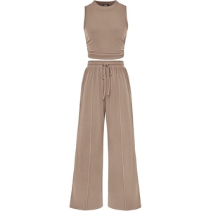 BTFBM Summer Outfits For Women 2026 Ribbed Sleeveless Tank Tops Wide Leg Pants 2 Piece Sets Lounge Set Clothing(Khaki)