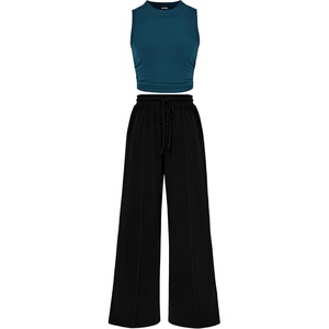 BTFBM Summer Outfits For Women 2026 Ribbed Sleeveless Tank Tops Wide Leg Pants 2 Piece Sets Lounge Set Clothing(Lake Blue Black)
