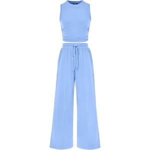 BTFBM Summer Outfits For Women 2026 Ribbed Sleeveless Tank Tops Wide Leg Pants 2 Piece Sets Lounge Set Clothing(Light Blue)