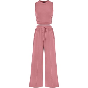 BTFBM Summer Outfits For Women 2026 Ribbed Sleeveless Tank Tops Wide Leg Pants 2 Piece Sets Lounge Set Clothing(Pink)
