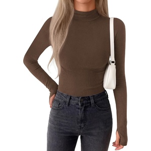 BTFBM Turtleneck Tops for Women Thumbhole Long Sleeve Shirts | Lightweight Fleece Lining, Casual Basic Layering Top, Slim Fit Stretch Winter Thermal Underwear, 2026 Fall Fashion Clothing(Brown)
