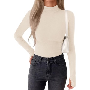 BTFBM Turtleneck Tops for Women Thumbhole Long Sleeve Shirts | Lightweight Fleece Lining, Casual Basic Layering Top, Slim Fit Stretch Winter Thermal Underwear, 2026 Fall Fashion Clothing(Beige)